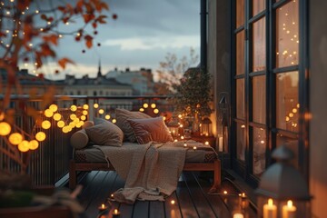 View over cozy outdoor terrace with outdoor string lights. Autumn evening on the roof terrace of a...