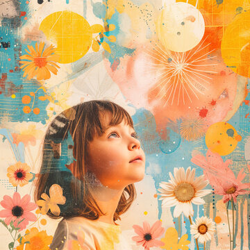background abstract with child girl, flowers, negative space, imagination, decimation, childhood. Beautiful artwork, floral watercolor, backdrop background education, school, ECE, daycare