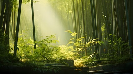 Panoramic view of the bamboo forest in the morning light.