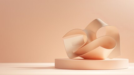 A panoramic view of a modern, abstract sculpture, its shapes and lines bold and striking, set against a light, soft peach solid background, offering a contrast between the avant-garde and the serene. 
