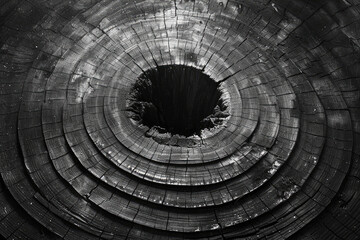  A black and white photograph of the cross section of an old tree trunk. Created with Ai
