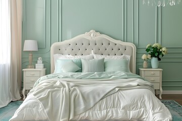 French country style style interior design of modern bedroom with mint color wall. Soft tone.