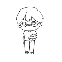 A cartoon boy wearing glasses and holding a book