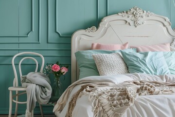 French country style style interior design of modern bedroom with mint color wall. Soft tone.