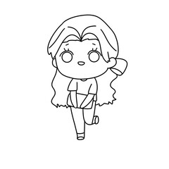A girl with long hair is standing with her hands on her hips