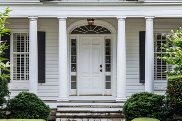 Main entrance door. White front door with porch. Exterior of Georgian style home cottage house with columns.