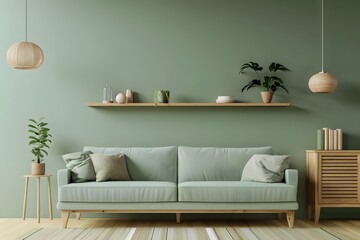 Scandinavian interior design of modern living room, home. Light green sofa and wooden cabinet against green wall with shelf.