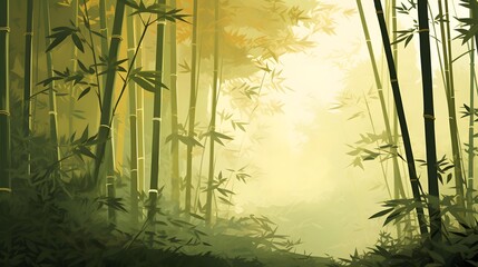 Bamboo forest in foggy morning. Panoramic image.