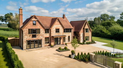 Custom build big luxury home in the suburbs,The front of a English style detached,Old villa with park under blue sky, 3d rendering of modern cozy clinker house on the ponds with garage and pool
