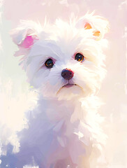 Cute white puppy, oil painting style, a cute white dog