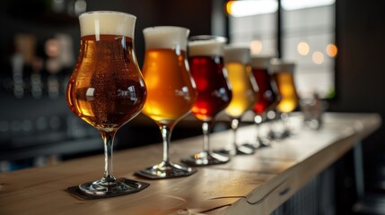 Row of assorted beer glasses filled with different types of beer