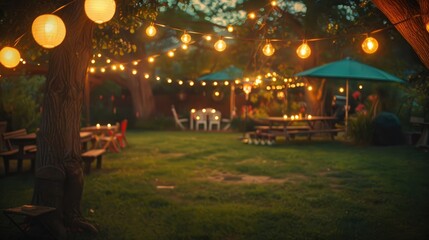 Soft orbs of glowing string lights cast a warm haze over the scene framing a relaxed backyard barbecue where rows of lawn chairs and picnic tables blend into a dreamy blur.