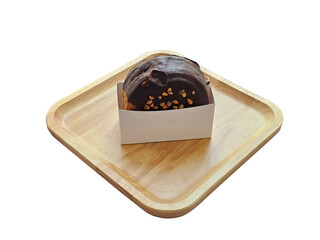 Round chocolate croissants on a wooden plate, homemade. on transparent background