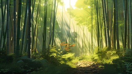 Panoramic view of a bamboo forest in the early morning.
