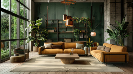 A living room with a modern interior design, leather sofas in brown and yellow tones, a wooden coffee table in the center of the floor