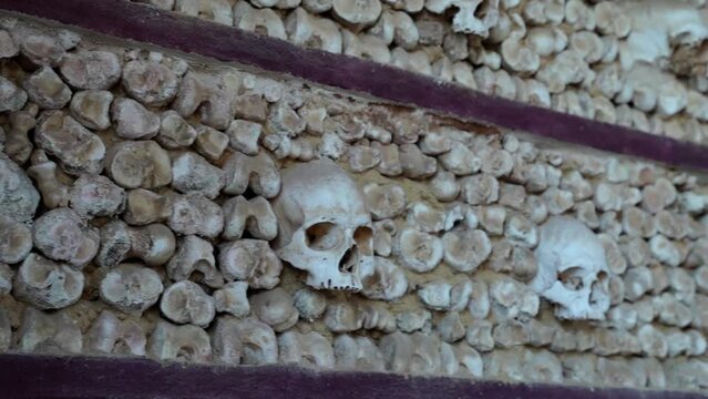 Capela Dos Ossos Is An Eerie Macabre Chapel Decorated With Exhumed Human Skulls And Bones In Faro, Portugal.
