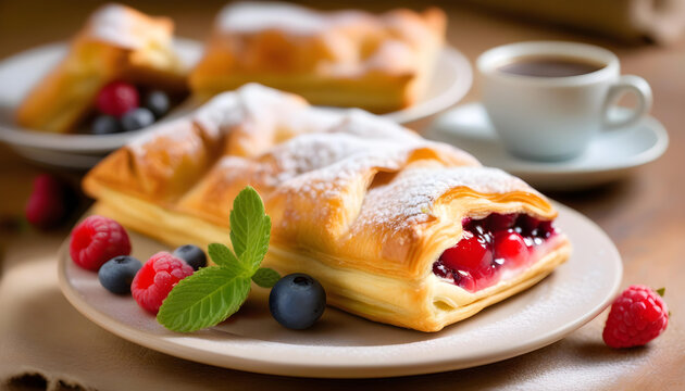 a berry puff pastry with powdered sugar and a cup of coffee on a wooden table with warm lighting.