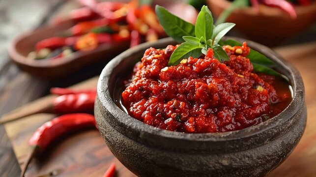 traditional Indonesian sambal terasi with cobek bowl