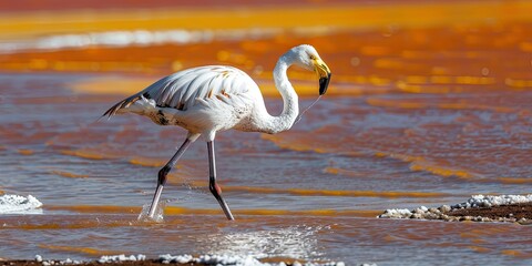 Photo of an Andean flamingo, with white plumage and black and yellow spots on its head, walking in shallow water near a red salt lake in natural light, taken with professional photography