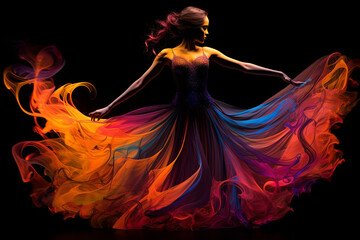 A woman in a vibrant, flowing dress with fiery hues on a black background