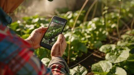 Farmer utilizing a mobile app to remotely monitor irrigation systems and adjust watering schedules for optimal crop growth.