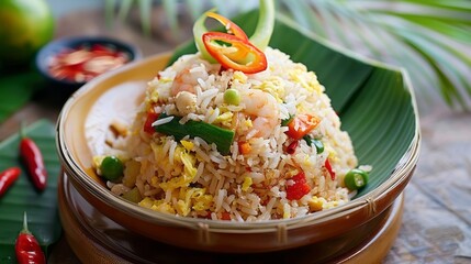 culinary Indonesian fried rice with vegetables and served with banana leaves