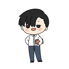 A cartoon boy is holding a book and smiling