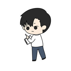 A cartoon boy is holding a cell phone and writing on a piece of paper