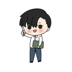 A cartoon boy is holding a green book and smiling