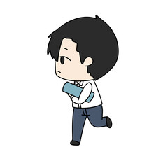 A cartoon boy is running with a book in his hand