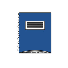 A blue notebook with a white label on the front