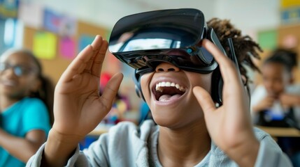 Close-up of a student's excited face as they explore virtual worlds through a VR headset, with the teacher supervising nearby.
