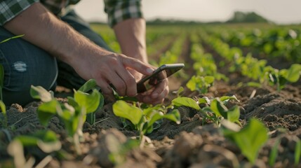 Close-up of a farmer's hands entering field observations and data into a mobile app for crop scouting and pest management.