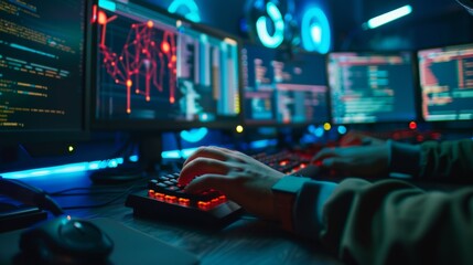 Close-up of a cybercriminal's hands on a keyboard, illuminated by the glow of multiple computer...