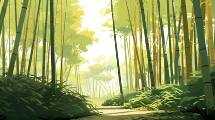 Bamboo forest in the morning, panoramic view, illustration