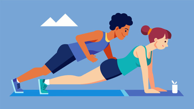 Partner Plankathon Grab a workout buddy and see how long you both can hold a plank on the designated trail spot. Vector illustration
