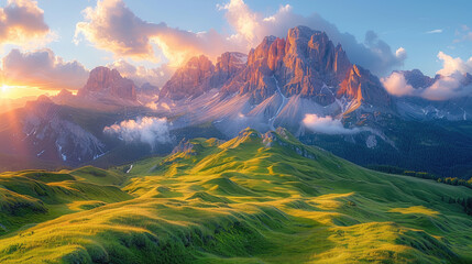 A breathtaking aerial view of the Dolomites at sunset, with golden hues painting across their peaks and a vibrant green landscape below. Created with Ai