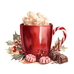 Cup of hot cocoa with popcorn and candy cane. Watercolor illustration