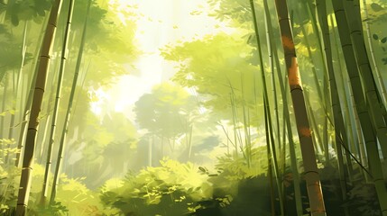 Panoramic view of a bamboo forest in the morning sun.
