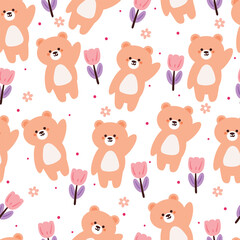 Fototapeta premium seamless pattern cartoon bear and flower. cute wallpaper for textile, gift wrap paper