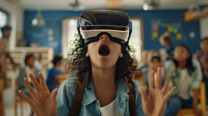 A student reacting with amazement to a virtual reality lesson led by the teacher, exploring new dimensions of learning in the classroom.