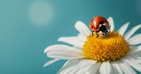 Daisies blooming beautifully on ladybugs, blue background,てんとう虫に綺麗に咲いているデイジー、背景は青、Generative AI	