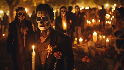 Participants with skull makeup walking through a candlelit cemetery, a solemn yet celebratory night scene