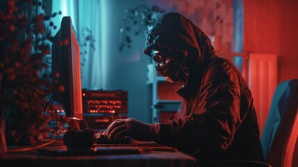 A hacker wearing a mask and gloves, sitting in a dimly lit room while infiltrating a computer...