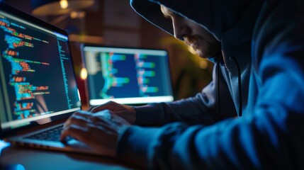 A hacker in a dark hoodie typing furiously on a laptop, surrounded by screens with lines of code.