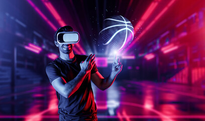 Caucasian sport person playing basketball at neon sport stadium while wearing casual cloth and virtual reality glasses. Athlete holding basketball hologram while standing at sport arena. Deviation.