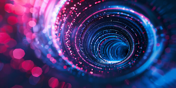 Abstract digital artwork of swirling hold binary code in shades of blue and pink background