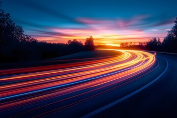 Obraz premium Una carretera al atardecer con luces con efecto de velocidad del trafico de los automoviles. Paisaje nocturno 