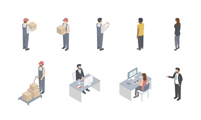 Set of employees of postal or warehouse company. Isometric projection. 3d vectors of manager, courier, worker in uniform, box and operator. Logistic characters.