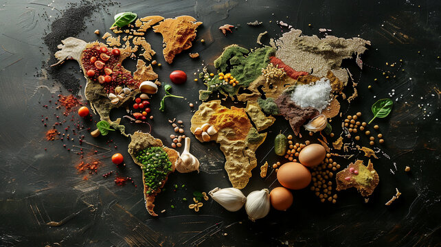 World map made with colorful spices and vegetables. Perfect for food blogs, healthy eating concepts, and global cuisine illustrations